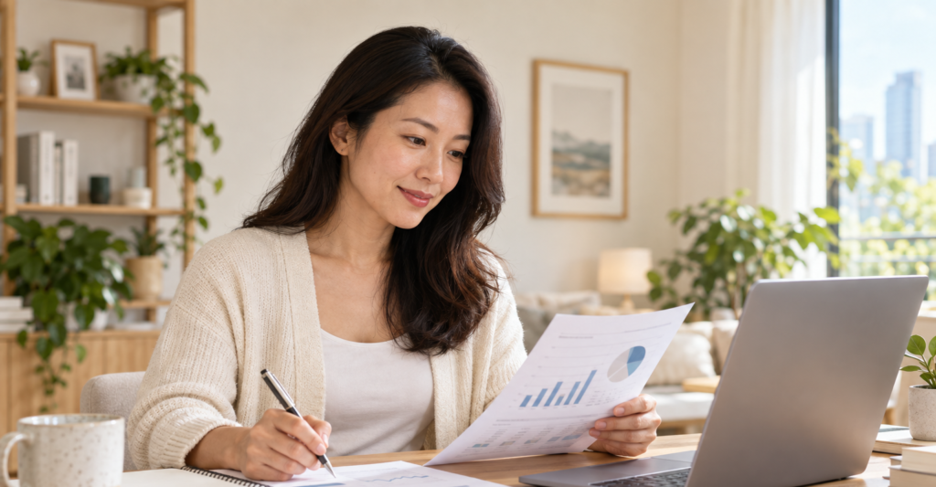 Woman reviewing financial charts and taking notes at a home desk beside a laptop.